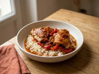 Poulet basquaise aux poivrons et tomates, riz pilaf