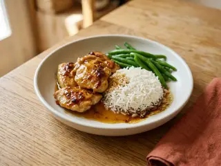 Honey mustard chicken with rice and green beans