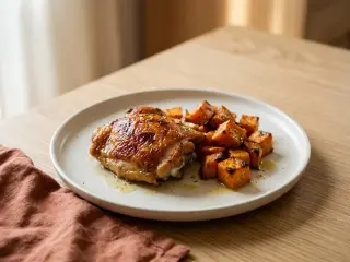 Poulet rôti aux herbes et patates douces rôties