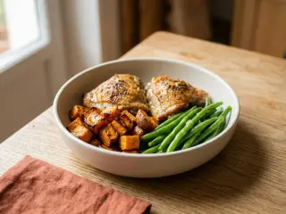 Poulet rôti aux herbes, patates douces rôties et haricots verts