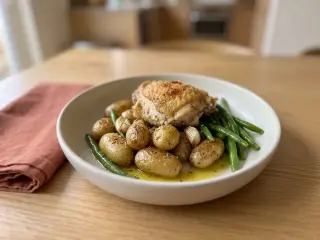 Poulet rôti aux herbes, pommes de terre grenaille et haricots verts