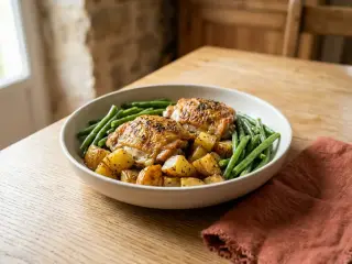 Poulet rôti aux herbes, pommes de terre rôties et haricots verts
