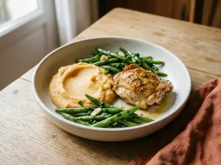 Poulet rôti aux herbes, purée de patates douces et haricots verts sautés à l'ail