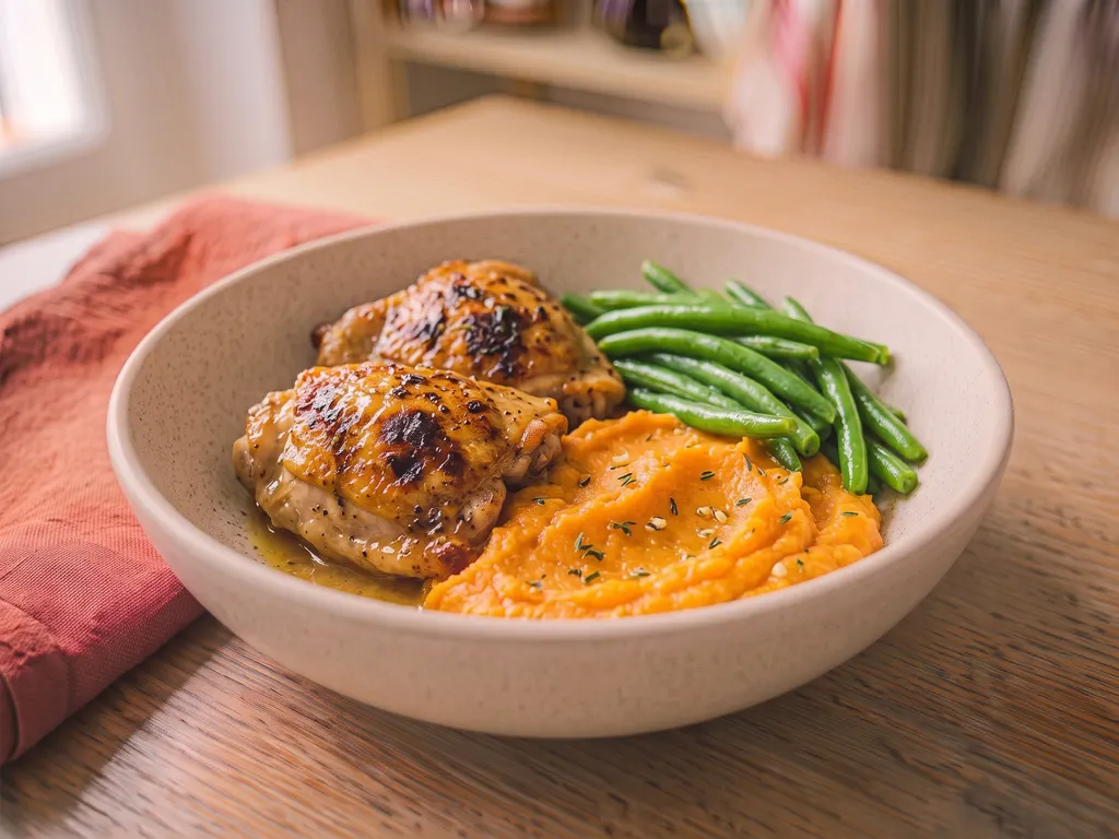 Poulet rôti aux herbes, purée de patates douces et haricots verts, une idée de présentation