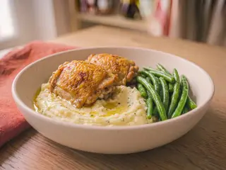 Poulet rôti aux herbes, purée de pommes de terre et haricots verts