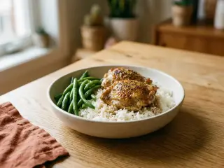 Poulet rôti aux herbes, riz basmati et haricots verts