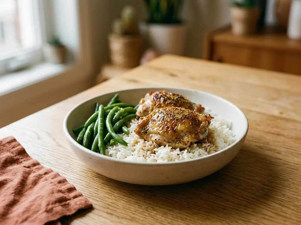 Herb roast chicken with basmati rice and green beans, a serving idea