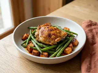 Poulet rôti aux patates douces et haricots verts