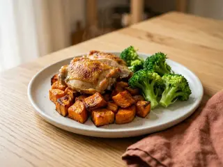 Poulet rôti aux patates douces rôties et brocolis vapeur