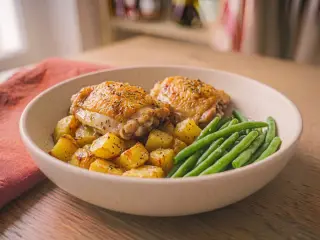 Poulet rôti aux pommes de terre et haricots verts