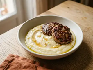 Purée de céleri-rave et steak haché 5% grillé