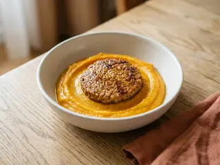 Purée de patates douces et steak de soja mariné