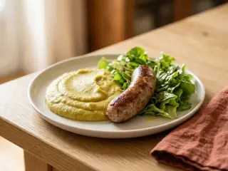 Purée de pois cassés, saucisses de Toulouse et salade verte