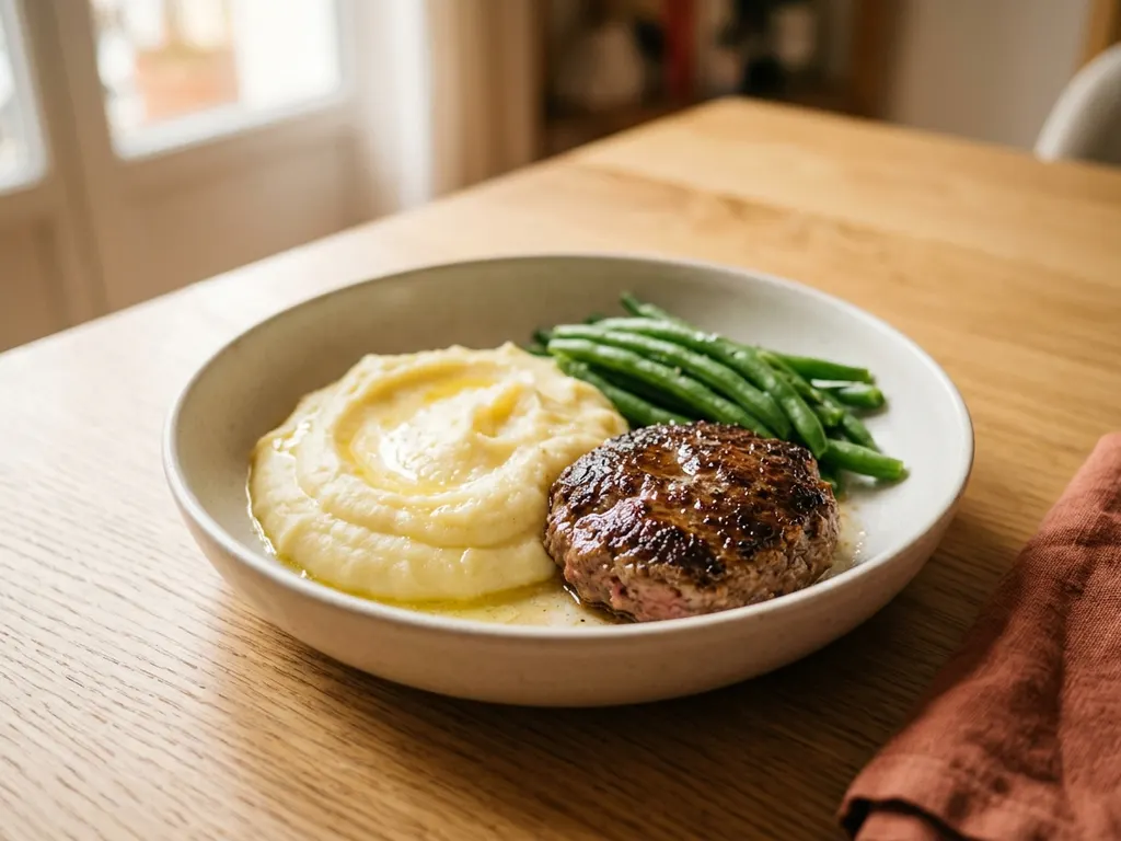 Purée de pommes de terre, steak haché et haricots verts