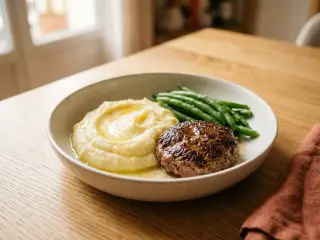 Purée de pommes de terre, steak haché et haricots verts