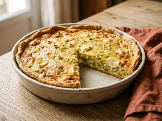 Quiche aux poireaux et fromage de chèvre, salade verte
