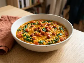 Ragoût de lentilles corail, tomates et épinards au chorizo