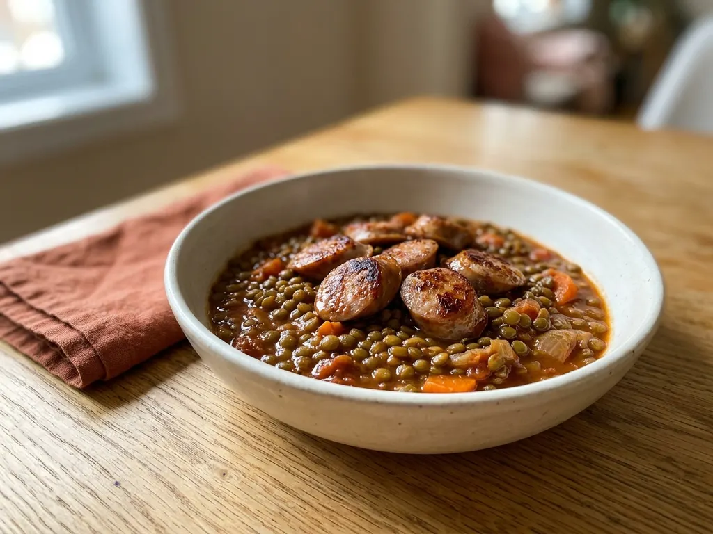 Ragoût de lentilles vertes et saucisses de Toulouse