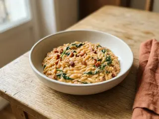 Risoni en sauce tomate crémeuse aux épinards et lardons fumés