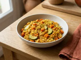 Riz basmati aux lentilles corail et légumes sautés