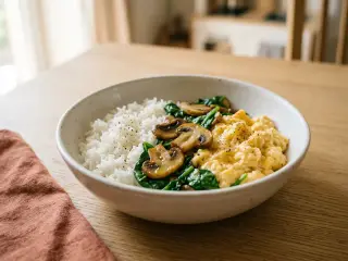 Basmati rice with scrambled eggs, spinach and mushrooms