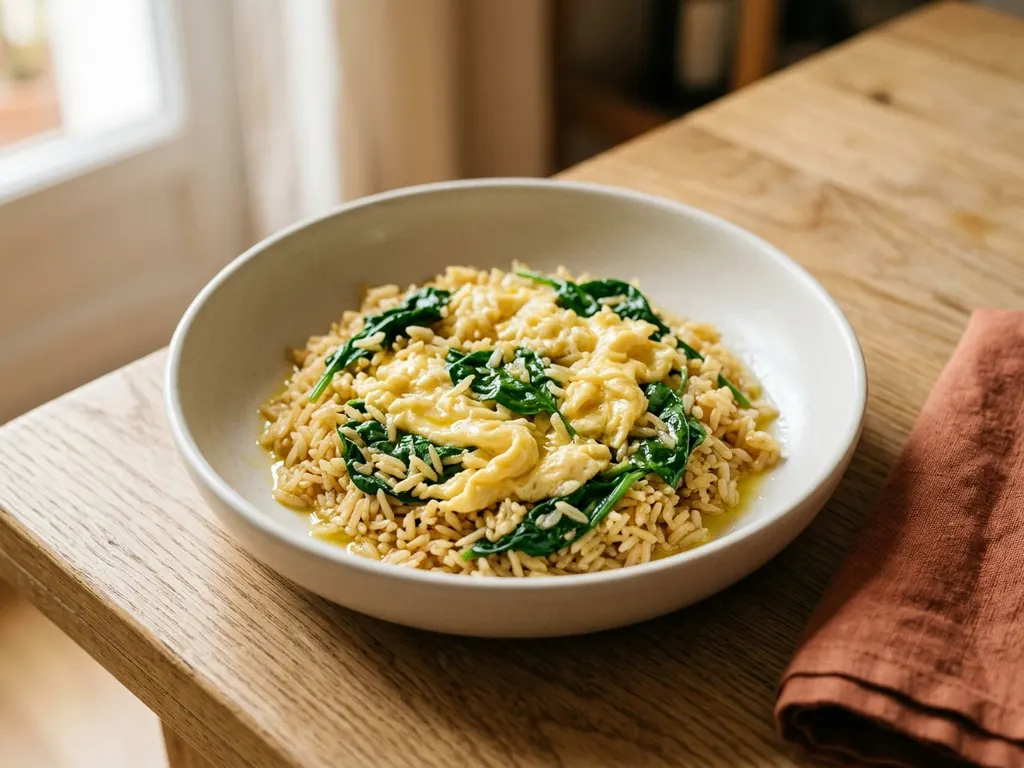 Riz basmati aux œufs brouillés et épinards frais
