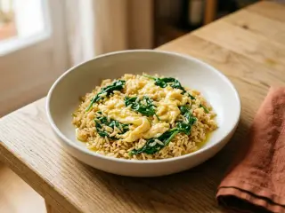 Riz basmati aux œufs brouillés et épinards frais