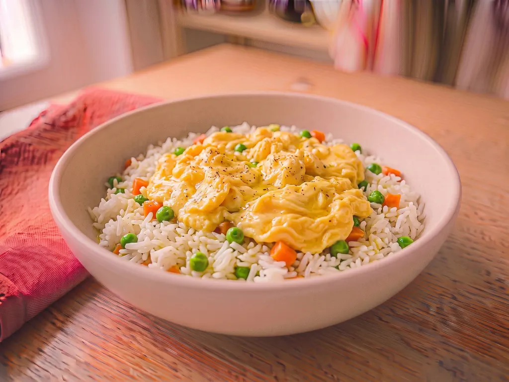 Riz basmati aux œufs brouillés et petits pois-carottes