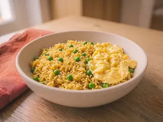 Basmati rice with scrambled eggs and peas