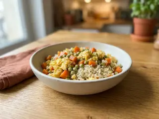 Riz basmati aux œufs brouillés, petits pois et carottes sautées