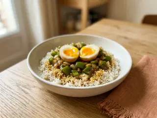 Riz basmati aux œufs mollets et légumes sautés