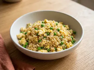 Riz basmati sauté aux œufs brouillés et petits pois