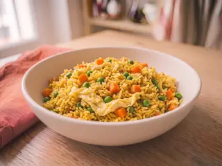 Riz basmati sauté aux œufs brouillés, petits pois et carottes