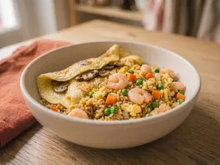 Riz cantonais aux crevettes et petits pois