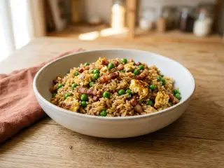 Riz cantonais aux lardons et petits pois