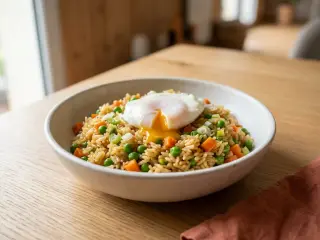 Riz cantonais aux légumes et œuf poché