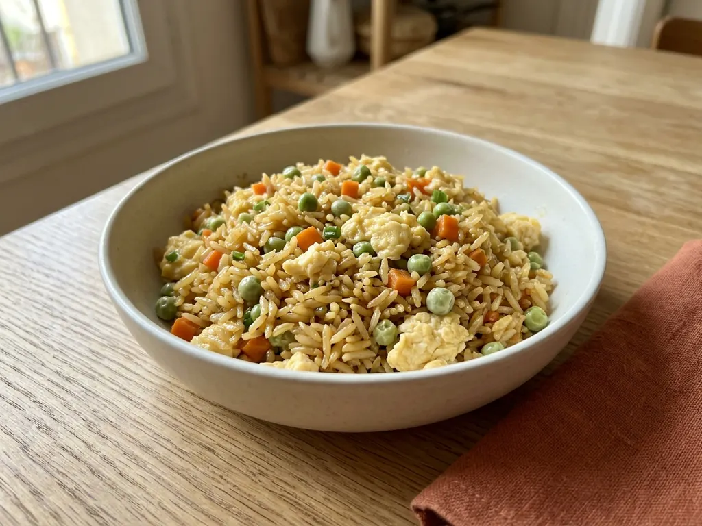 Cantonese fried rice with scrambled eggs and frozen peas, a serving idea