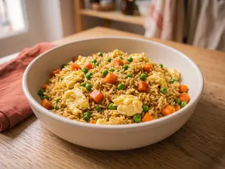 Riz cantonais aux œufs et petits pois-carottes