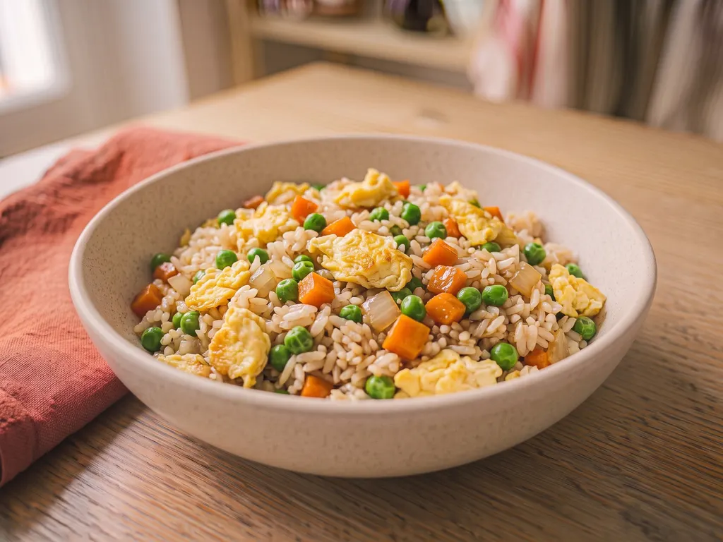Cantonese fried rice with eggs and frozen peas, a serving idea