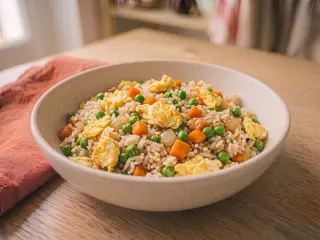 Cantonese fried rice with eggs and frozen peas
