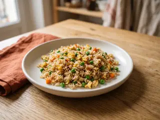 Cantonese fried rice with eggs and peas