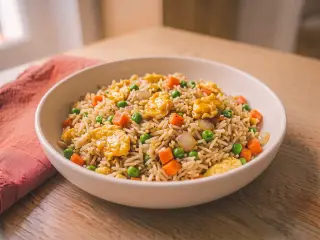 Riz cantonais aux œufs, petits pois et carottes