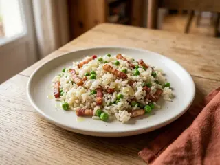 Riz sauté aux lardons et petits pois