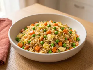 Fried rice with eggs, peas and carrots