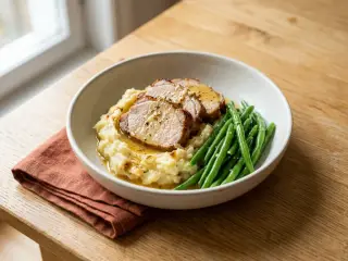 Rôti de porc aux herbes, purée de pommes de terre et haricots verts