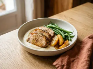 Rôti de porc aux pommes, purée de céleri et haricots verts