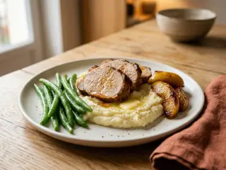 Rôti de porc aux pommes, purée de pommes de terre et haricots verts