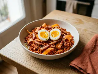 Red lentil salad with soft-boiled eggs and bacon
