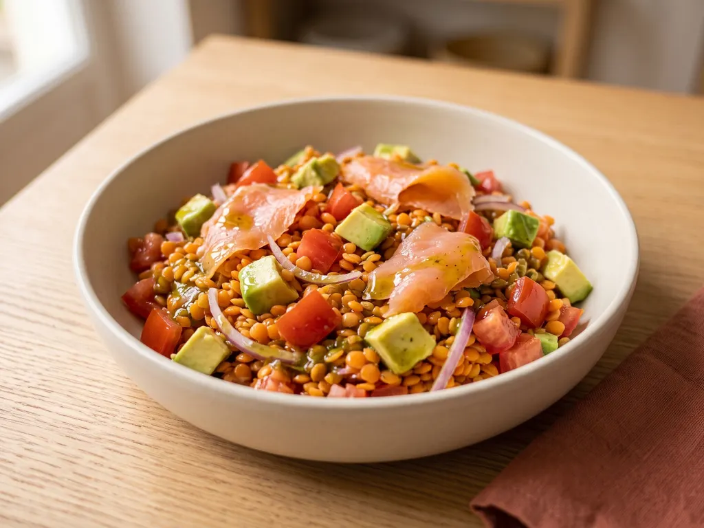 Salade de lentilles corail, saumon fumé et avocat, une idée de présentation