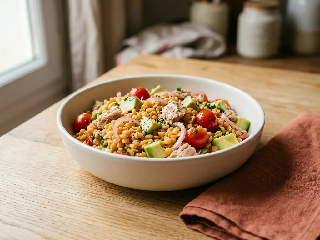 Salade de lentilles corail, thon et avocat